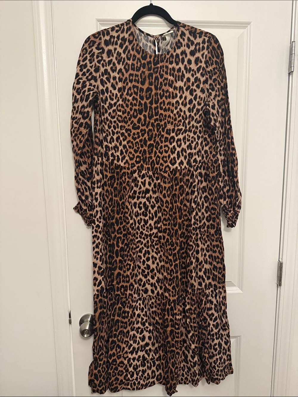 H&M Leopard Print Tiered Long Sleeve Midi Dress - Brown/Black